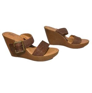 BOC Born Concept Brown Leather 3" Wedge Sandals Size 10 Slip-On Comfort Slides
